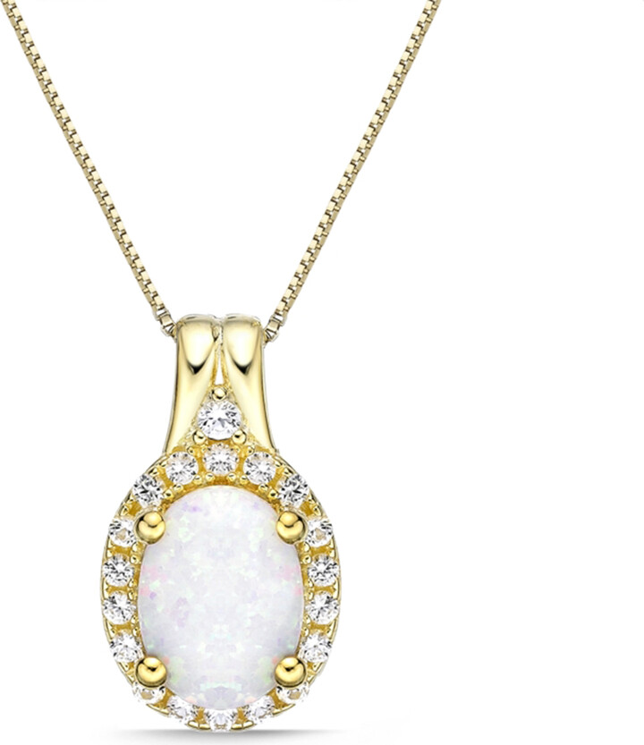 Zales Oval Lab-Created Opal and White Sapphire Frame Pendant in Sterling Silver with 18K Gold Plate