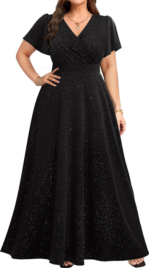Plus Size Sequin Formal Gown – V-Neck Evening Dress With Embroidery, Long Sleeves, A-Line Silhouette For Weddings & Prom
