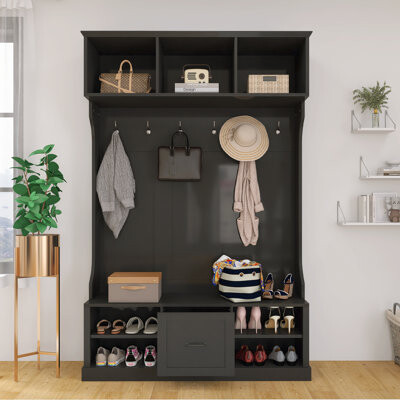 MDF Hall Tree With 6 Hooks, Coat Hanger, Entryway Bench, 3-In-1 Design, A Spacious Drawer For Entrance, Living Room