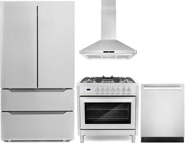 Cosmo 4 Piece Kitchen Package with French Door Refrigerator & 36" Freestanding Dual Fuel Range