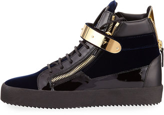 Giuseppe Zanotti Men's Velvet High-Top Sneaker with Golden Bar, Navy