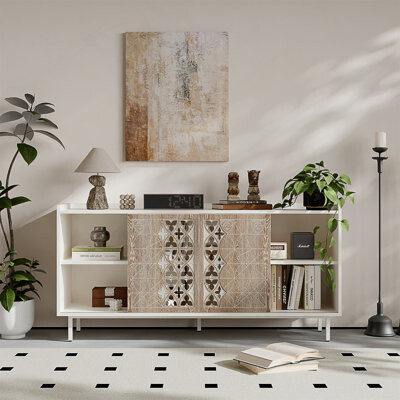 Sicotas Mid Century Sideboard Storage With Rustic Sliding Doors, Cabinet For Living Room Decor And TV Buffet