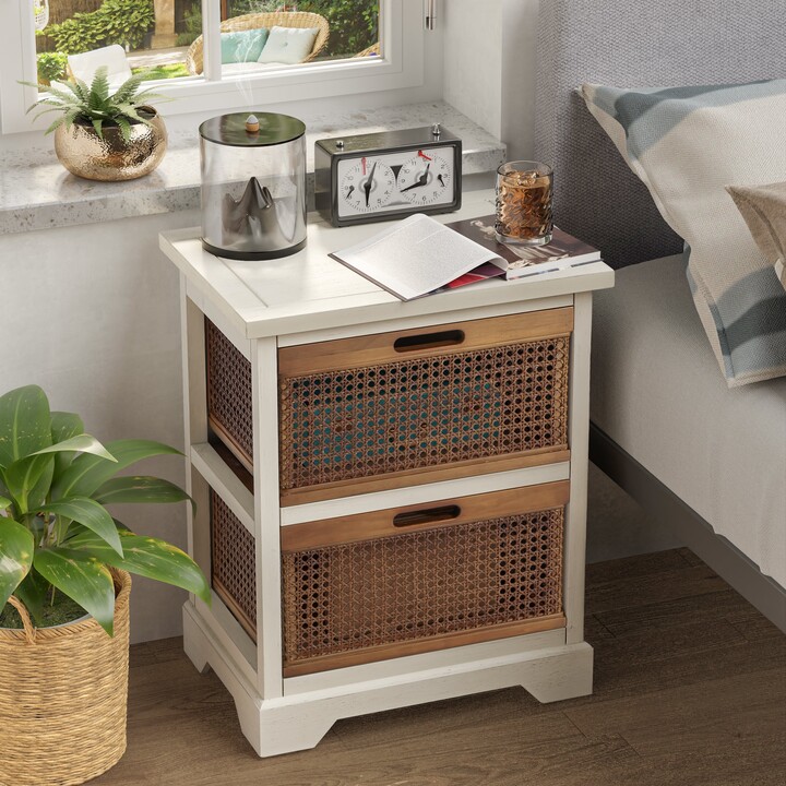 COZAYH Farmhouse Storage Nightstand with 2 Woven Basket Drawers, Fully