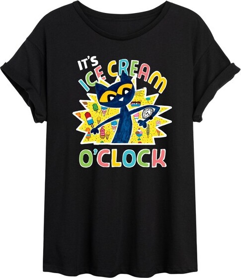 Pete The Cat Women'sPetetheCatIcecreamOclockOversizedGraphicT-Shirt-Black-Medium