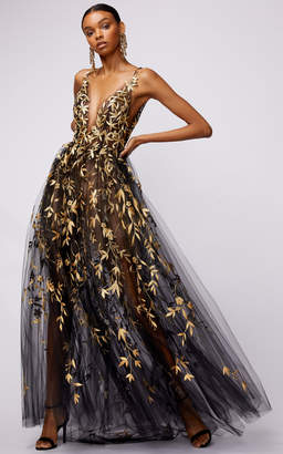Oscar de la Renta Floral Embroidered Tulle Layered Gown