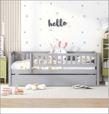 Wood Daybed with Trundle and Fence Guardrails