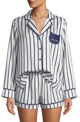Kate Spade Striped Short Pajama Set With Cat Face