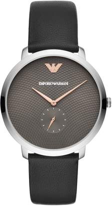 Emporio Armani Mens Three-Hand Black Leather Watch
