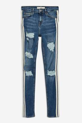Topshop Womens Mid Blue Side Stripe Jeans - Ecru