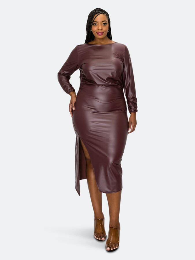 Modamix Womens Plus Size Sleeveless Stretch Crepe Dress with Vegan Leather Trim 