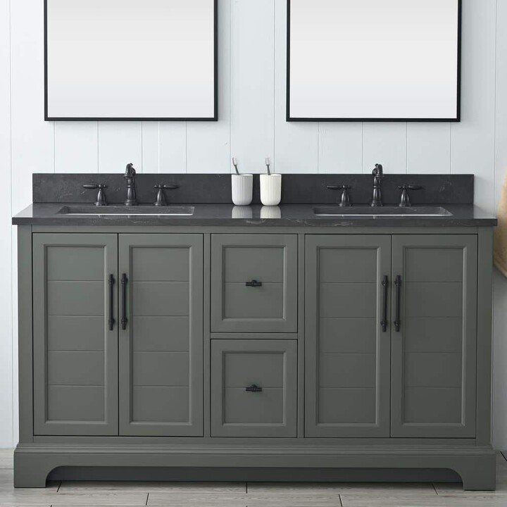 Vanity Art Chambery 60 in. W x 22 in. D x 34.5 in. H Double Sink Freestanding Bath Vanity in Vintage Green with Stone Top
