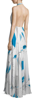Milly Abstract-Print Chiffon Halter Gown