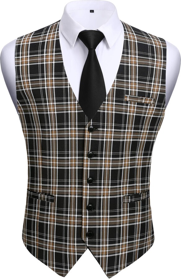 HISDERN Men's Check Black Waistcosts Formal Plaid Waistcoat For Wedding Party Casual Regular Fit