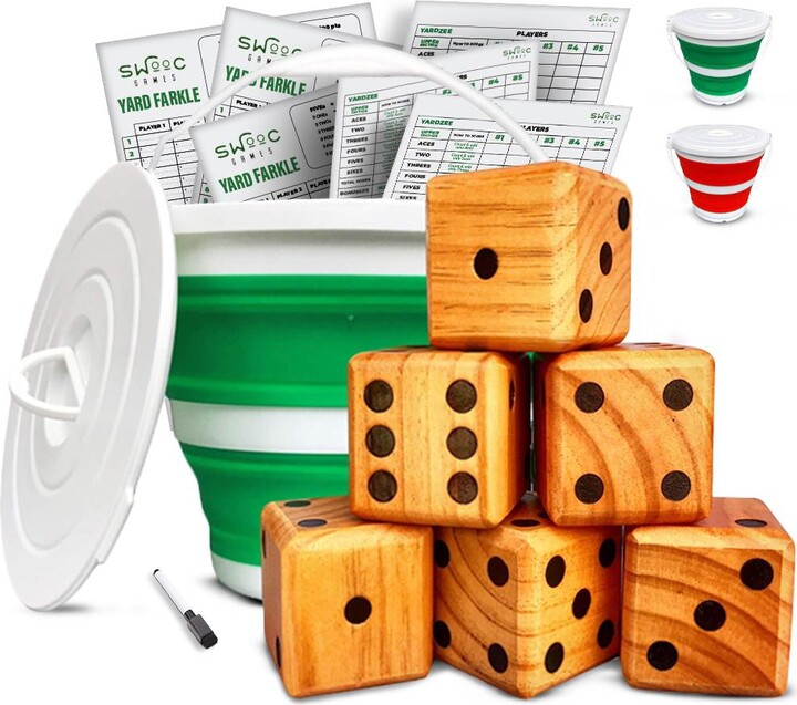 Swooc Yardzee, Farkle & 20+ Games - Light-Weight Yard Dice Game (All Weather) with Collapsible Bucket, Score Cards & Marker