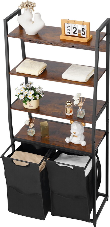 KFFKFF 4-Tier Laundry Organizer with Wheels, Freestanding Laundry Sorters with 2 Bags, 4 Shelves, Durable 600D Oxford Cloth Bags