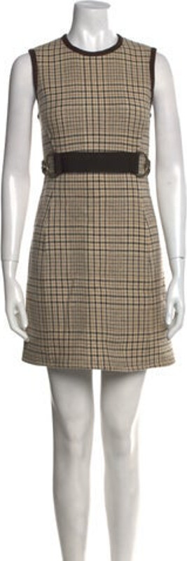 Michael Kors Virgin Wool A-Line Dress Brown Plaid Print Sleeveless with Crew Neck Concealed Zip Closure at Back Designer