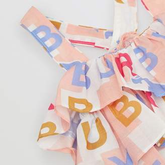 Burberry Childrens Ruffle Detail Logo Print Cotton Silk Playsuit