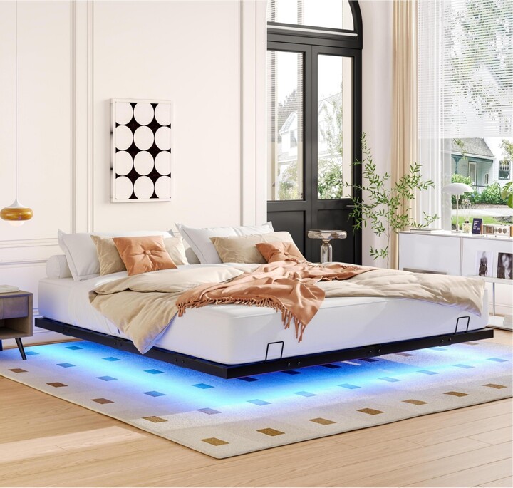 flynama Floating Metal Bed Frame With Led Lights Stable Noise Free No Box Spring