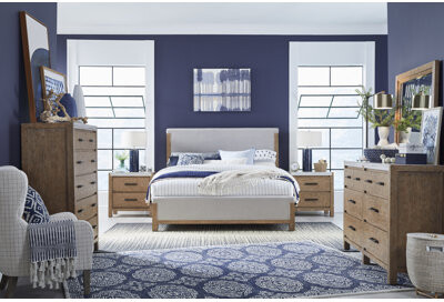 Latitude Run Upholstered Panel Bed 2 Open Nightstands Drawer Dresser With Landscape Mirror And Drawer Chest