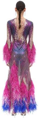 ATTICO Sequined Tulle Long Dress W/feathers