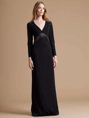 Halston Fitted Crepe Knit Gown with Embroidered Sheer Insert