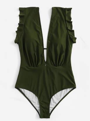 Shein Plus Ruffle Ruched Plunge One Piece Swimsuit