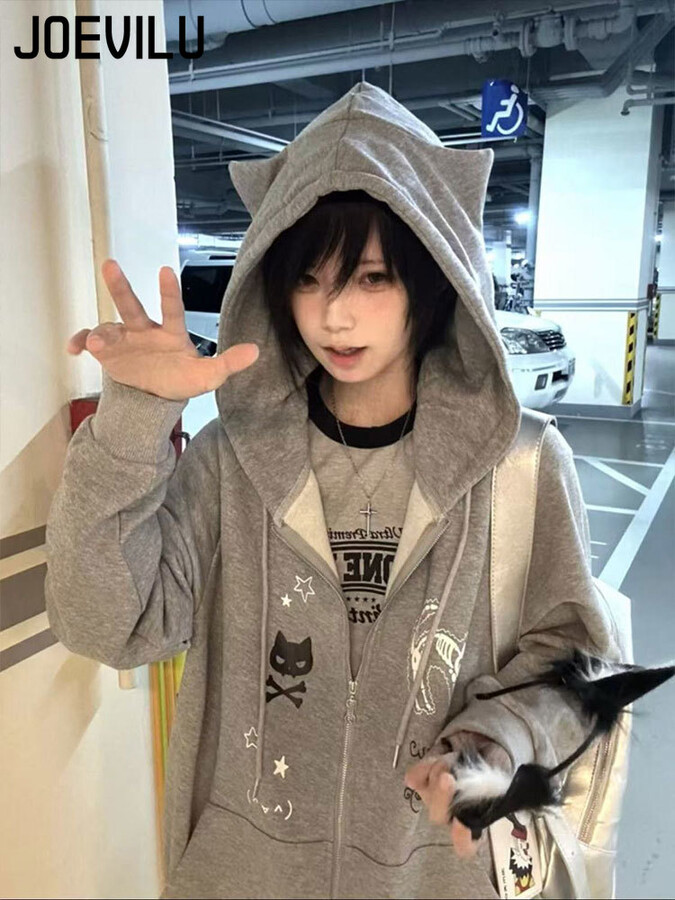 JOEVILU Kawaii Cat Grey Hoodie Cozy Fleece Zip Jacket Cute Autumn Winter Pullover Casual Fashion Streetwear Aesthetic Women Sweatshirts