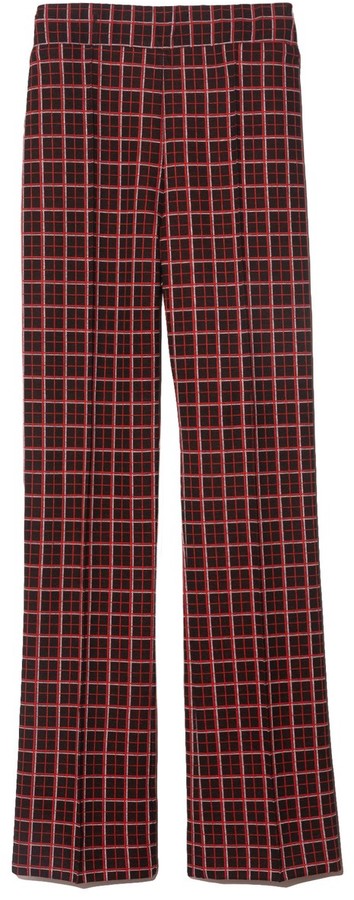 red and black check trousers