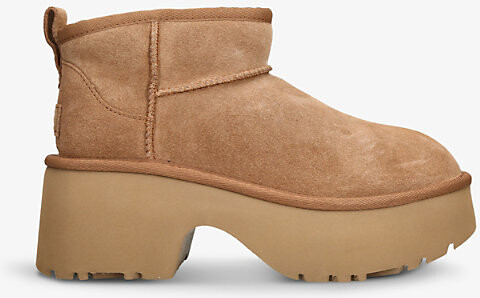UGG Womens Tan Classic Ultra Mini New Heights Suede and Shearling Heeled Ankle Boots Eur 40 / 7 Uk Women