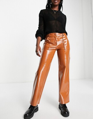 Miss Selfridge faux leather flared pants in black
