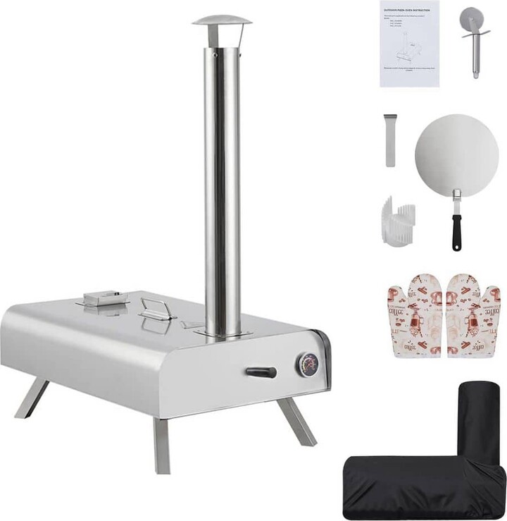 Garvee Wood Fired Portable Outdoor Pizza Oven in Silver with Foldable Legs, 16 in. Pizza Stone and Protective Cover