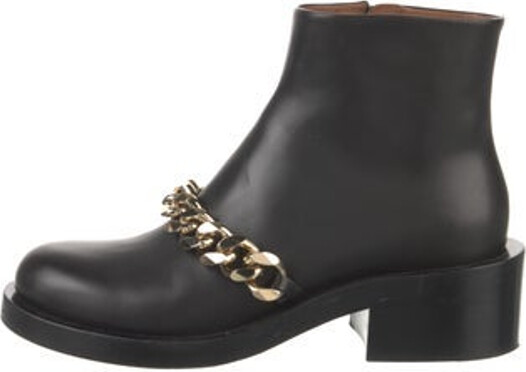 Givenchy Leather Ankle Combat Boots Black Round-Toes with Chain-Link Accents Zip Closures at Shafts Includes Box & Dust Bag Size not listed, estimated from measurements. Designer