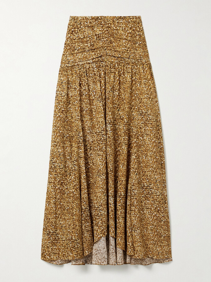Isabel Marant Syana Ruched Printed Stretch-silk Crepe De Chine Maxi Skirt - Brown