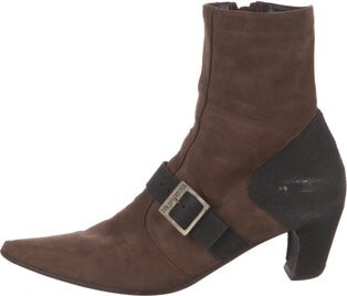 Dirk Bikkembergs Suede Ankle Western Boots Brown Colorblock Pattern Pointed-Toes Buckle Closure At Uppers | Dirk Bikkembergs Suede Colorblock Pattern Western Boots in Brown, Women's 8.5