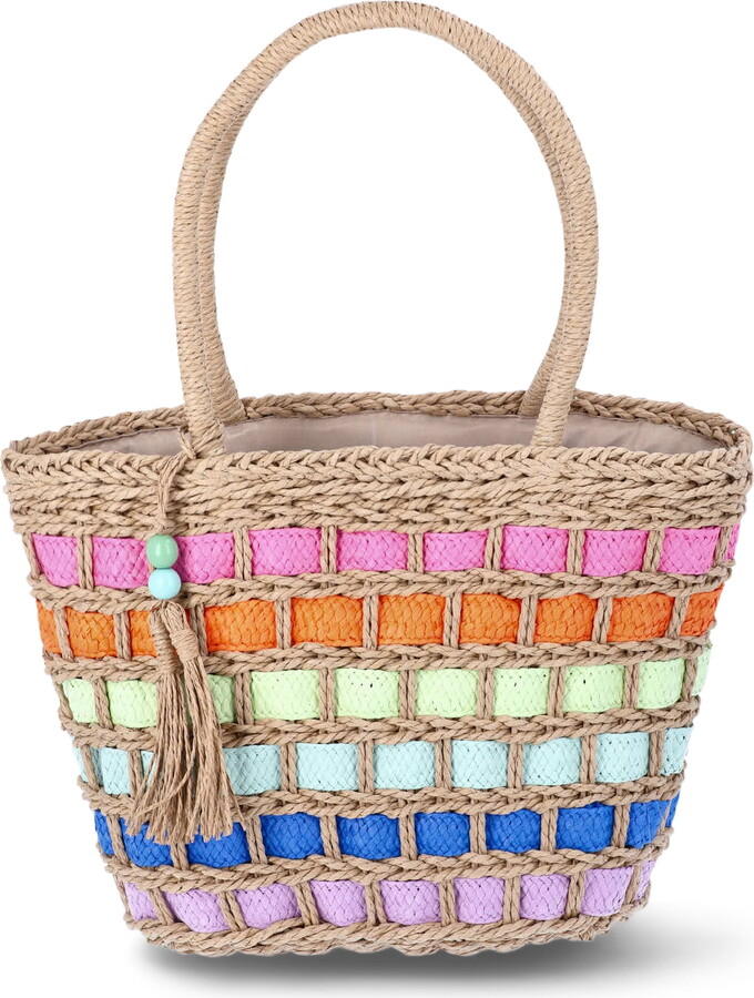 No Boundaries Festival Straw Top Handle Bag, Natural/Rainbow, Women’s