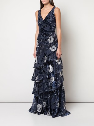 Marchesa Notte Floral Tiered Gown