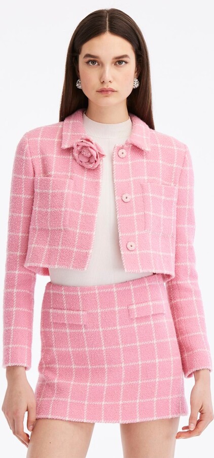 Women Pink Tweed Vintage Office Lady Double Breasted Blazer