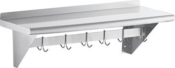 12 in. x 48 in. Stainless Steel Wall Mounted Pot Rack with Shelf and Hooks