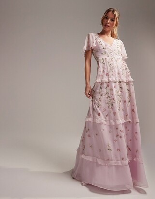ASOS DESIGN Bridesmaid flutter sleeve maxi dress with satin trim detail and  wrap skirt