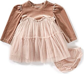 Baby Girls Long-Sleeve Stretch VelvetTiered Mesh Skirted Float Dress