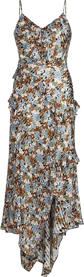 Veronica Beard Women's Avenel Silk Floral Ruffle Midi-Dress - Lake Mist Multi - Size 00