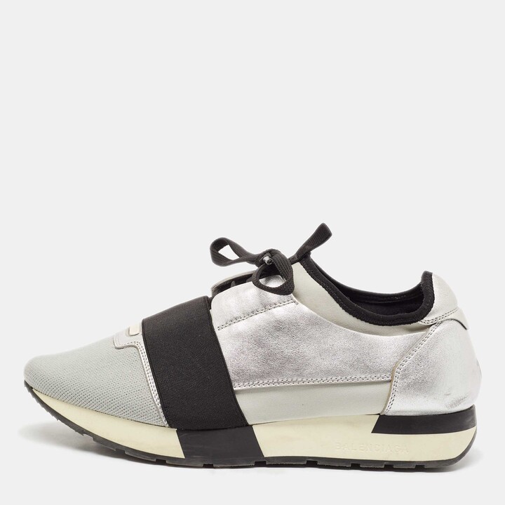 Balenciaga Silver Leather and Knit Fabric Race Runner Low Top Sneakers Size 39