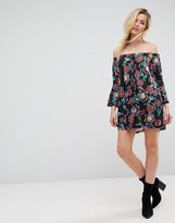 Thumbnail for your product : ASOS Off Shoulder Mini Dress with Trumpet Sleeve in Black Floral Print