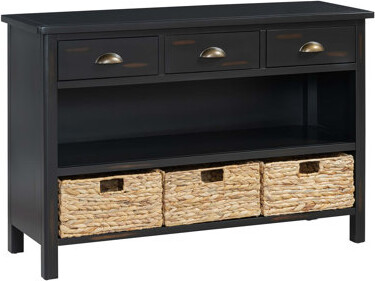 Retro Console Table With 3 Storage Drawers, Entryway Table With 3 Water Hyacinth Woven Baskets, Wooden Accent Sofa Table Buffet Cabinet