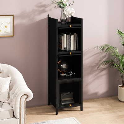 Contemporary Style Three Glass Door Cabinet, Four Storage, Dark Feature Cabinet With And Storage