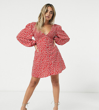 ASOS Petite DESIGN Petite v neck button through mini dress with shirring in red floral print