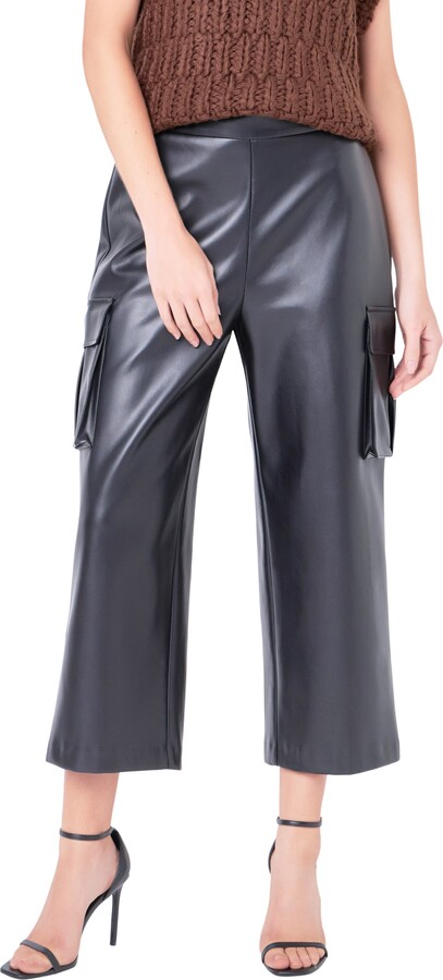 ENGLISH FACTORY Faux Leather Crop Cargo Pants