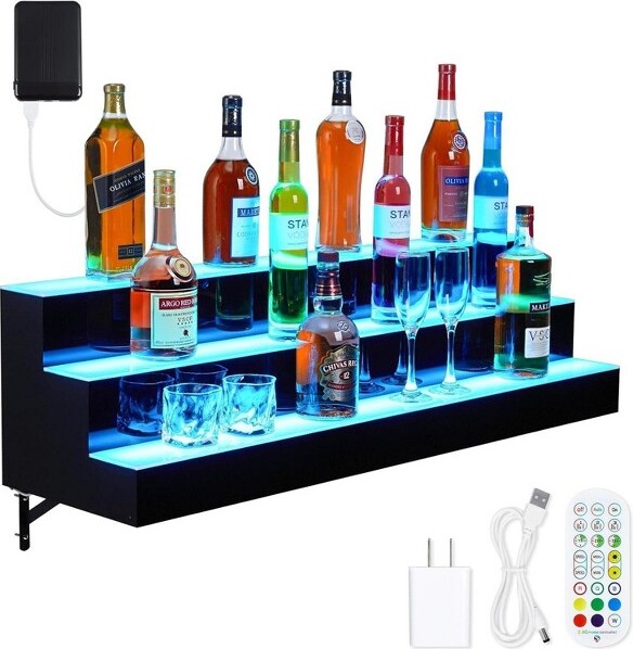 Nasitip LEDJuiceBottleDisplayShelfwithRemote&AppControlSingle-LayerAcrylicBarShelfwithMulticolorLighting