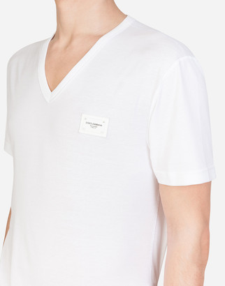 Dolce & Gabbana Cotton V-Neck T-Shirt With Branded Plate