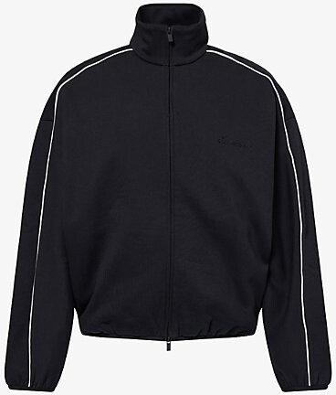 Essentials Mens Jet Black/Cloud White High-Neck Relaxed-Fit Cotton-Blend Track Jacket M